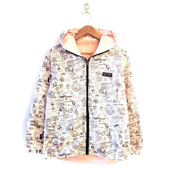 Reversible Graphic Text Pink Windbreaker Hooded Jacket Zip Up Large - Picture 1 of 13